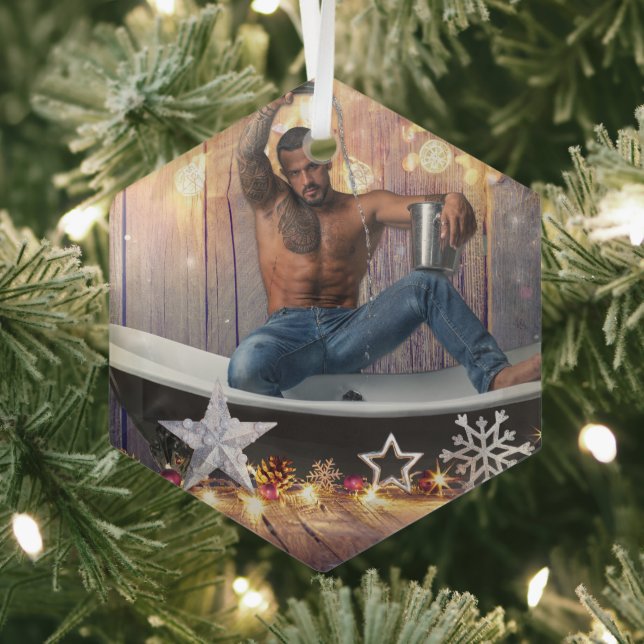 Christmas SlipperyJoe silver gold stars lights wet Glass Ornament (Insitu)