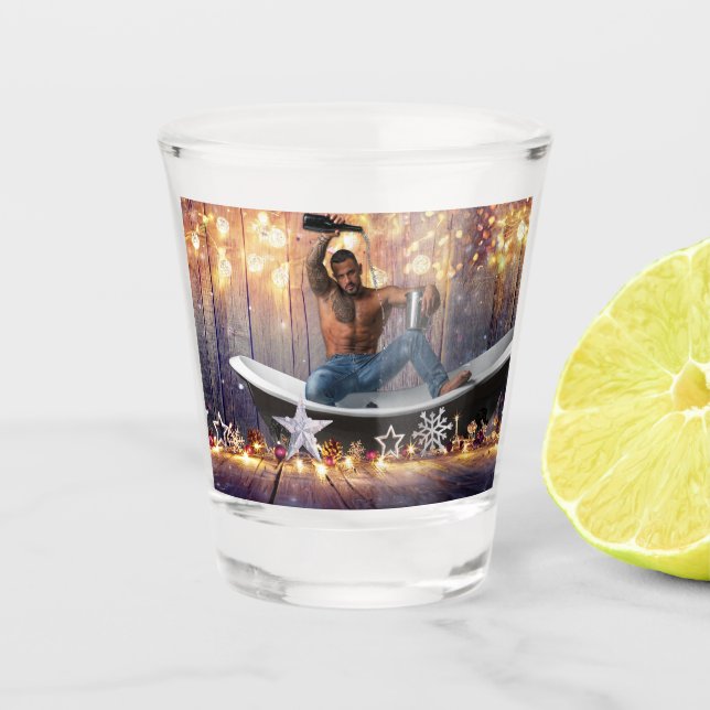 Christmas SlipperyJoe silver gold stars lights wet Shot Glass (Front)