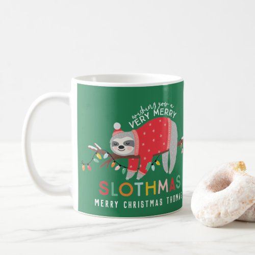 Christmas sloth bright colorful fun kids holiday coffee mug