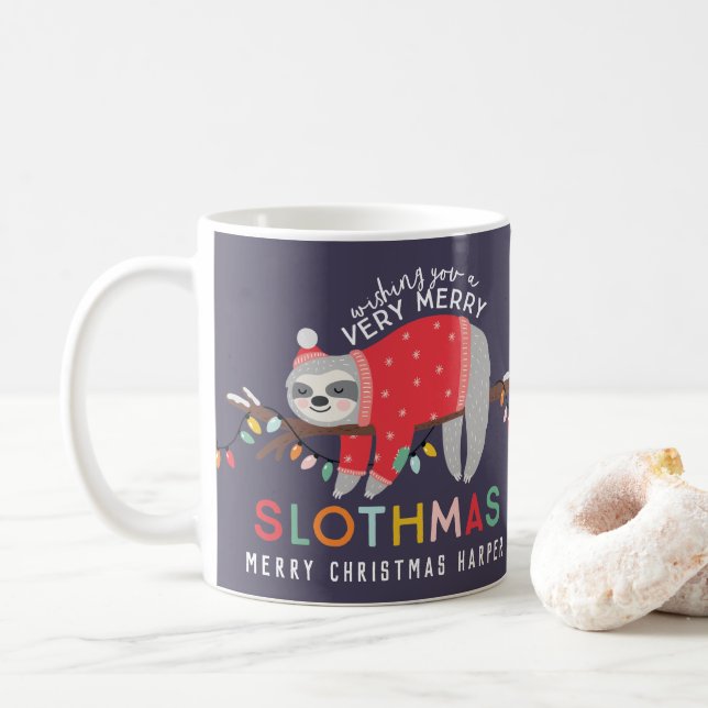 Christmas sloth bright colorful fun photo holiday coffee mug (With Donut)