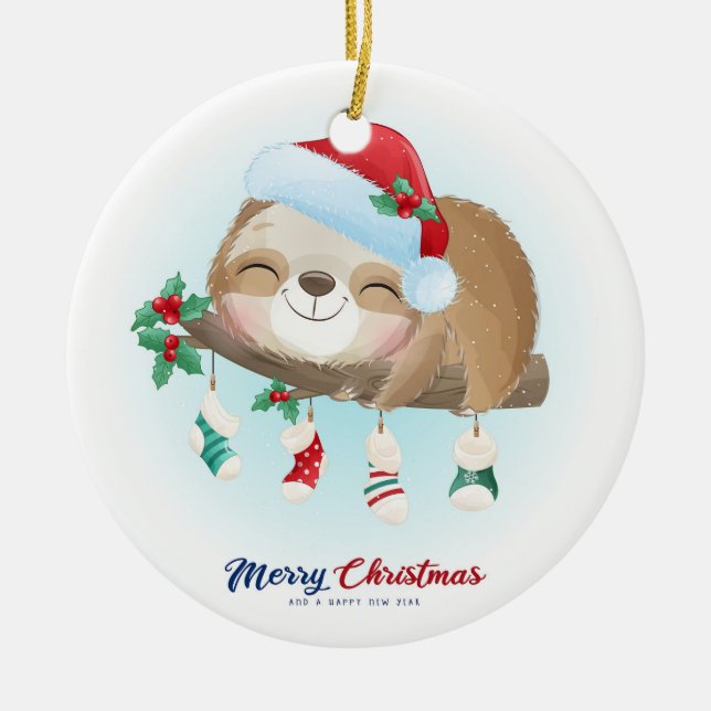 Christmas Sloth Ceramic Ornament (Front)