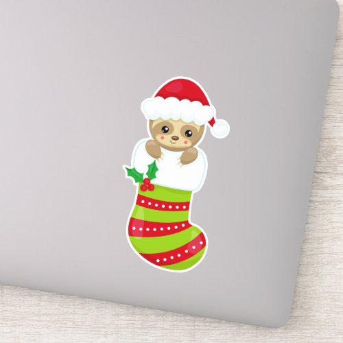 Christmas Sloth Christmas Stocking Santa Hat Sticker