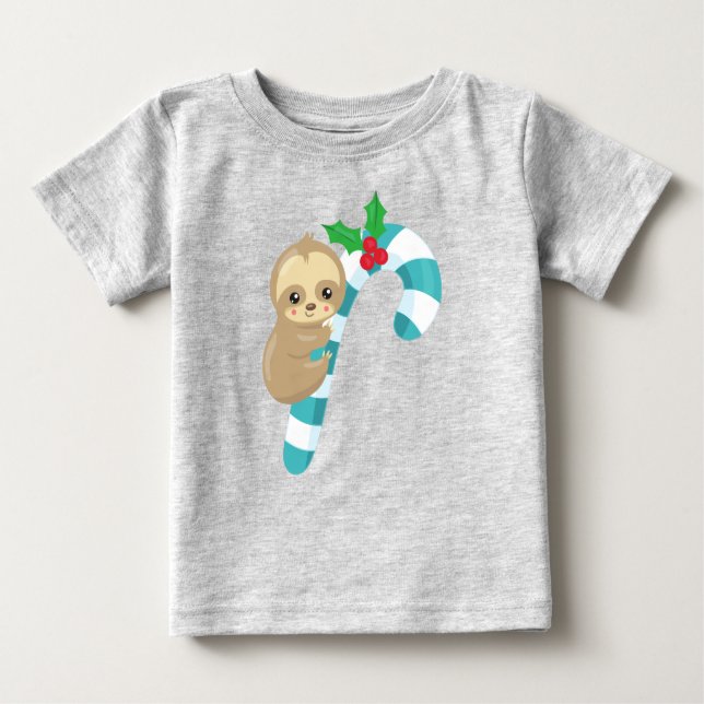 Christmas Sloth, Cute Sloth, Candy Cane, Mistletoe Baby T-Shirt (Front)