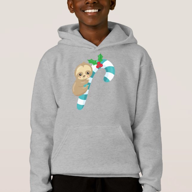 Christmas Sloth, Cute Sloth, Candy Cane, Mistletoe Hoodie (Front)