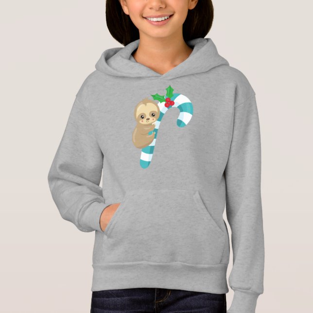 Christmas Sloth, Cute Sloth, Candy Cane, Mistletoe Hoodie (Front)