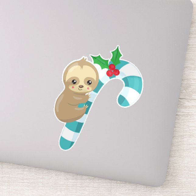 Christmas Sloth, Cute Sloth, Candy Cane, Mistletoe Sticker (Detail)