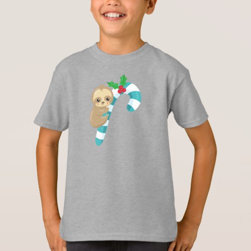 Christmas Sloth Cute Sloth Candy Cane Mistletoe T_Shirt