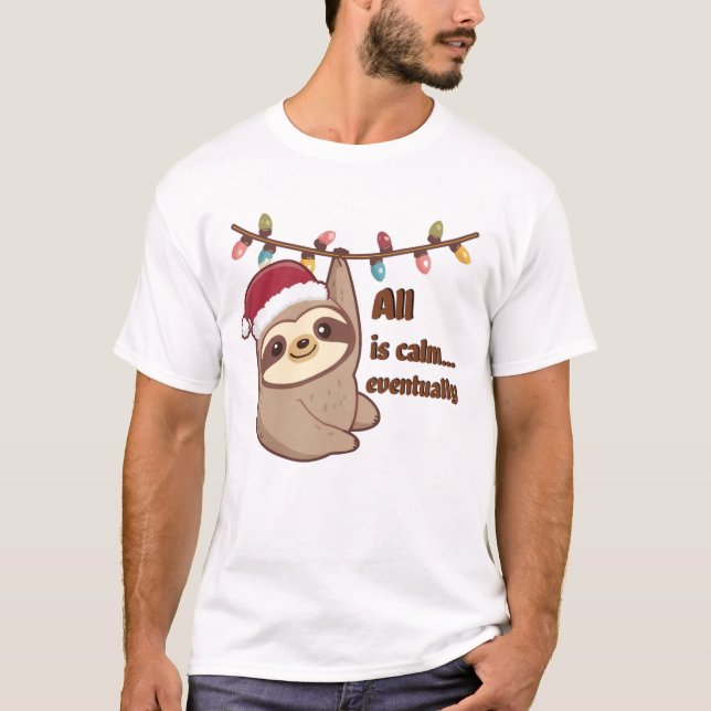 Christmas Sloth – Cute Sloth Tangled in Holiday Li T-Shirt (Front)