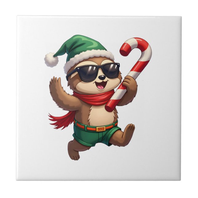 Christmas Sloth Elf Peppermint Candy Cane Shirt Gi Ceramic Tile (Front)