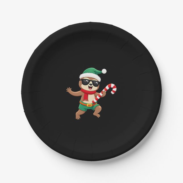 Christmas Sloth Elf Peppermint Candy Cane Shirt Gi Paper Plates (Front)