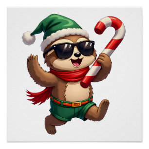 Christmas Sloth Elf Peppermint Candy Cane Shirt Gi Poster