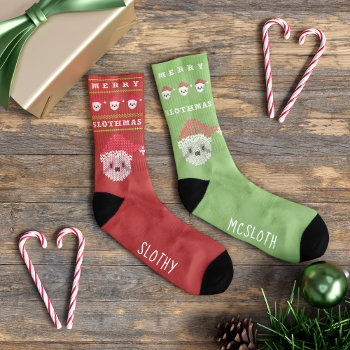 Christmas Sloth Fun Red And Green Festive Socks by mothersdaisy at Zazzle