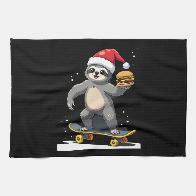 CHRISTMAS SLOTH Funny Christmas Skateboard Sloth ( Kitchen Towel (Horizontal)