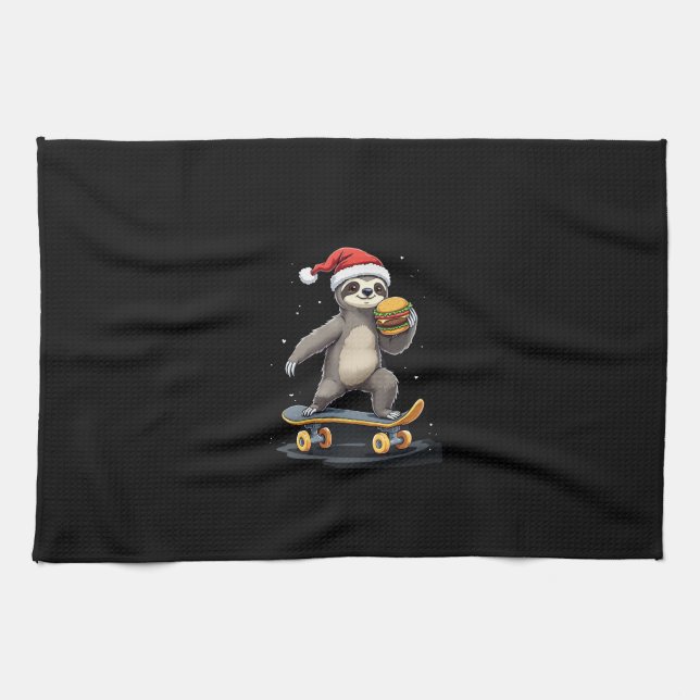 CHRISTMAS SLOTH Funny Christmas Skateboard Sloth Kitchen Towel (Horizontal)