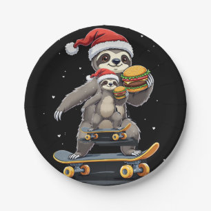 CHRISTMAS SLOTH Funny Christmas Skateboard Sloth Paper Plates