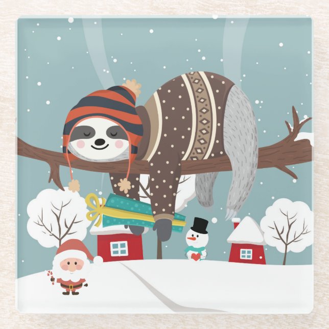 Christmas Sloth Glass Coaster (Front)