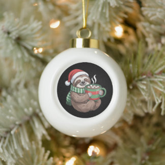 Christmas Sloth Hot Cocoa Santa Hat Holiday Season Ceramic Ball Christmas Ornament