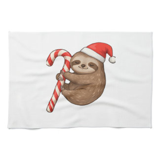Christmas Sloth Hugging Candy Cane Classic T-Shirt Kitchen Towel