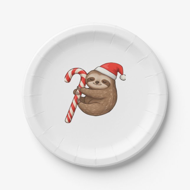 Christmas Sloth Hugging Candy Cane Classic T-Shirt Paper Plates (Front)
