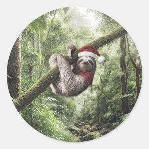 Christmas Sloth In Rainforest Classic Round Sticker