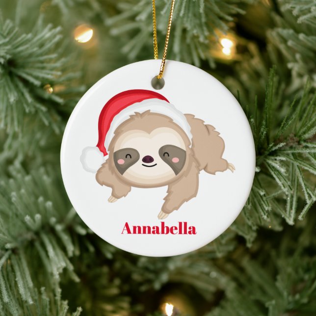 Christmas sloth love santa add name message ceramic ornament (Tree)