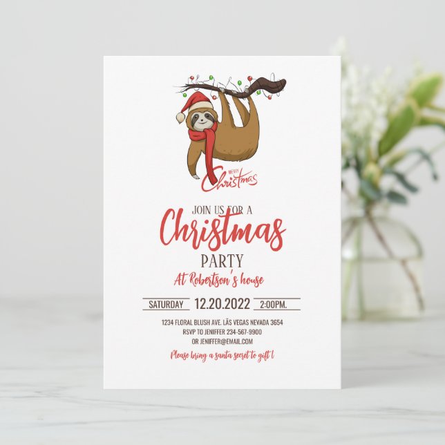 Christmas Sloth on Tree Branch Invitation (Standing Front)