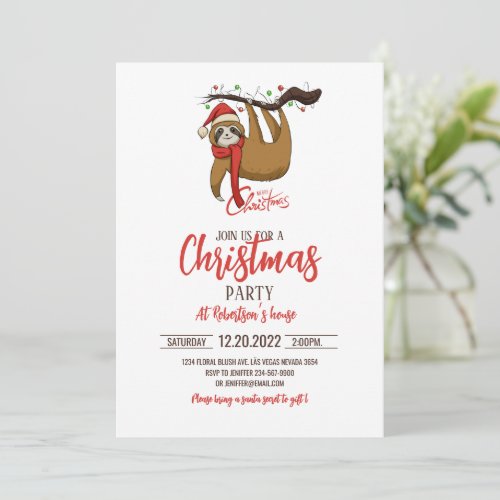 Christmas Sloth on Tree Branch Invitation