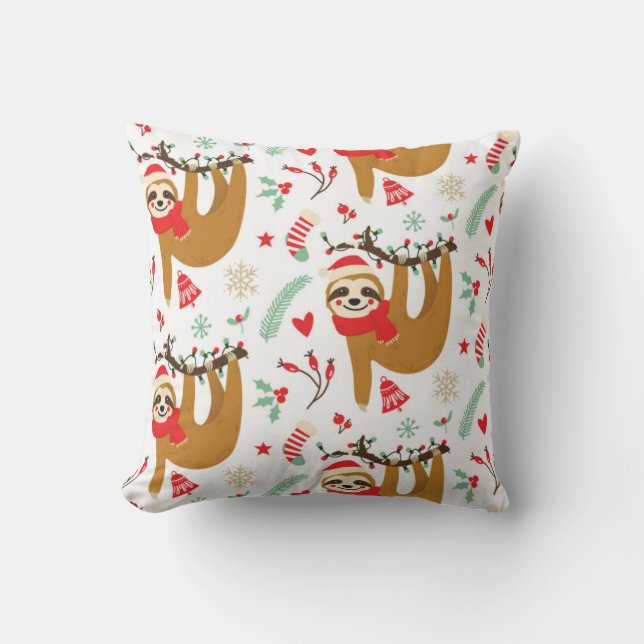 Christmas Sloth Pattern Throw Pillow (Front)