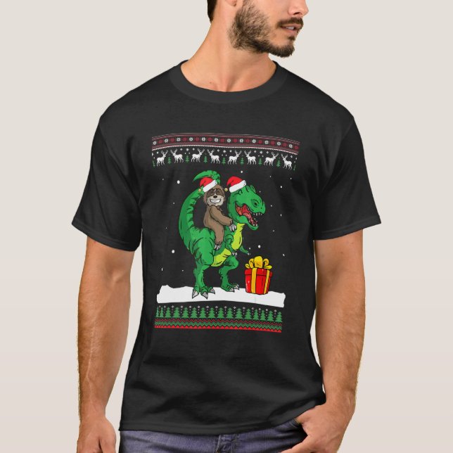 Christmas Sloth Riding Dinosaur T Rex Boys Kids Xm T-Shirt (Front)