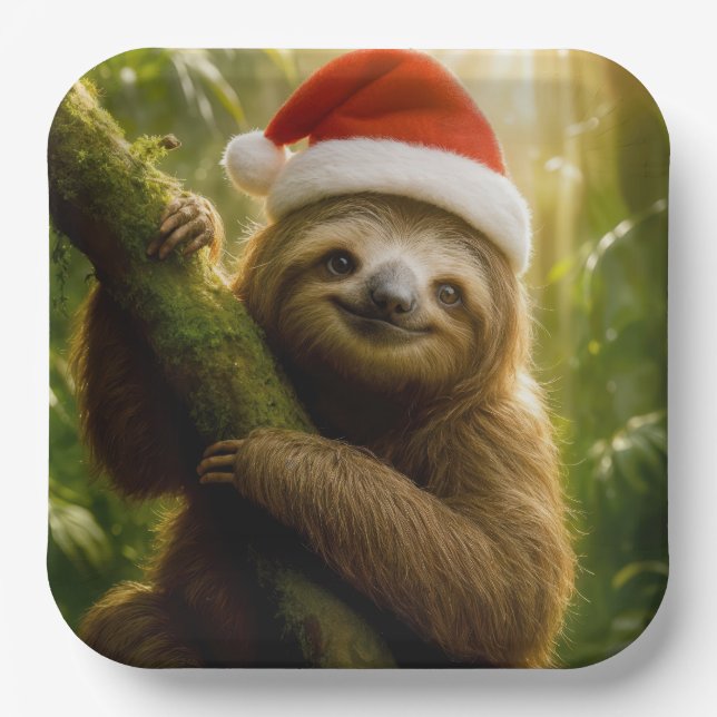 Christmas Sloth Wearing a Santa Hat Paper Plates (Front)