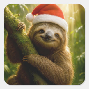 Christmas Sloth Wearing a Santa Hat Square Sticker
