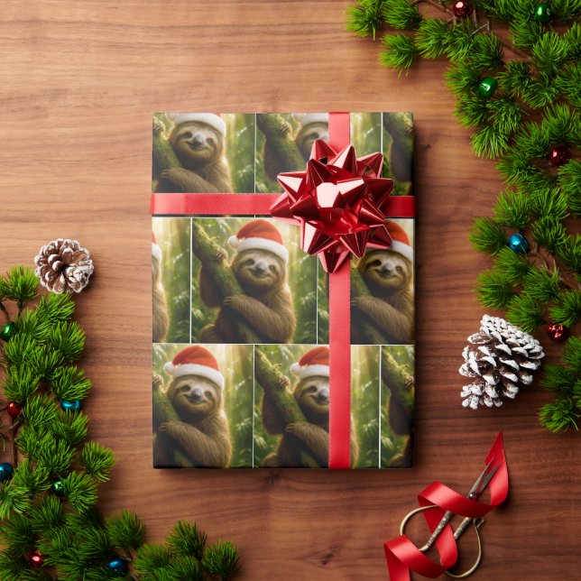 Christmas Sloth Wearing a Santa Hat Wrapping Paper (Holiday Gift)