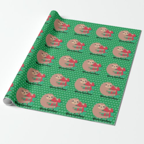 Christmas Sloth With Gift Green Snowflake Wrapping Paper