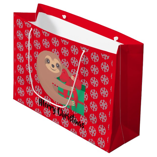 Christmas Sloth with Gift Red Snowflake Large Gift Bag (Front Angled)