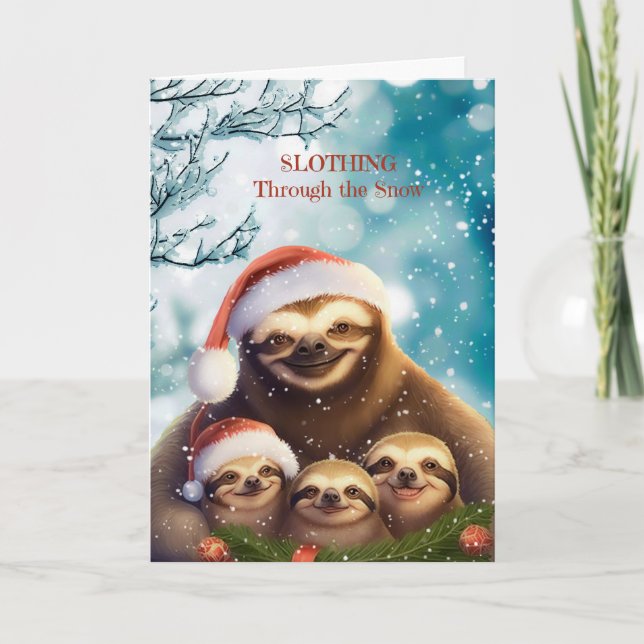 Christmas Sloth with Sloth Babies in Snow Holiday Card (Front)