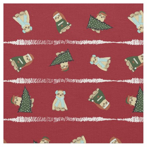 Christmas Sloths Red Holiday Fabric By The Yard