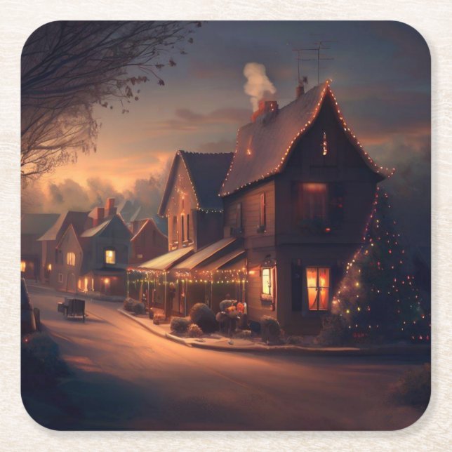 Christmas Small Town 6 Square Paper Coaster (Front)