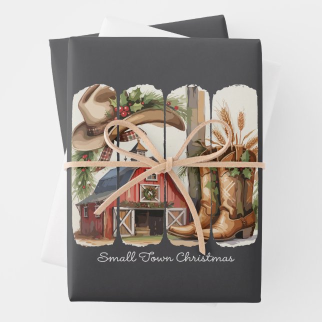 Christmas Small Town Retro Western Cowgirl Boots Wrapping Paper Sheets (In situ)
