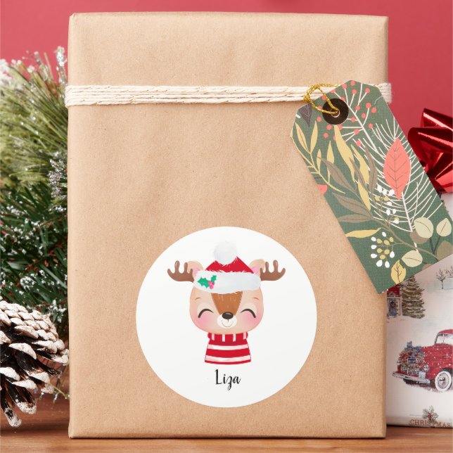 Christmas Smiling Reindeer Face Classic Round Sticker (Holiday)