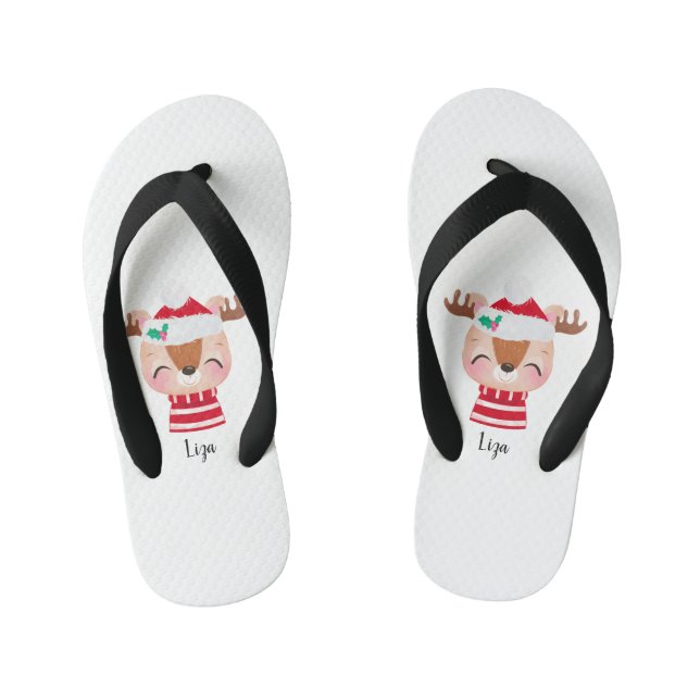 Christmas Smiling Reindeer Face Kid's Flip Flops (Footbed)