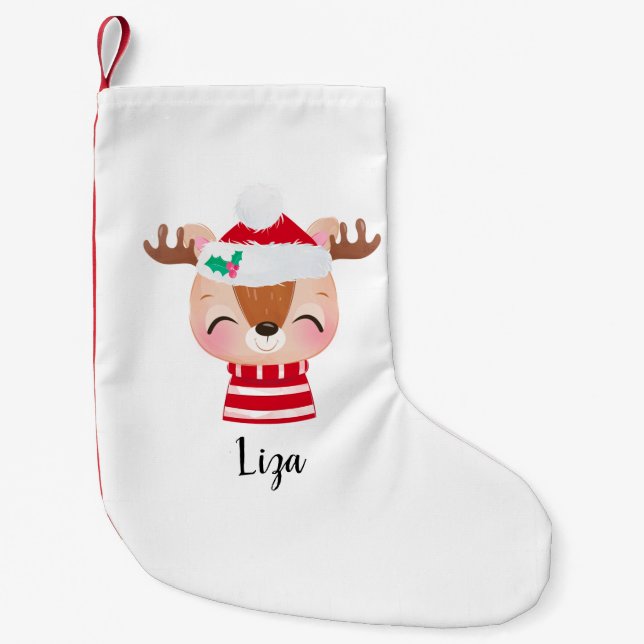 Christmas Smiling Reindeer Face Small Christmas Stocking (Front)