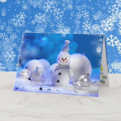 Christmas Smiling Snowman Blue and White Holiday Card