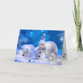 Christmas Smiling Snowman Blue And White Holiday Card by MyDesignStudio at Zazzle