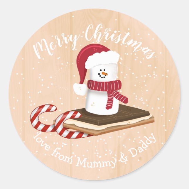 christmas s'more snowman santa child gift wrapping classic round sticker (Front)