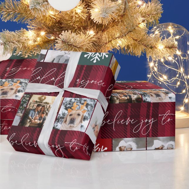 Christmas snow 8 photos grid collage red plaid wrapping paper (Holidays)