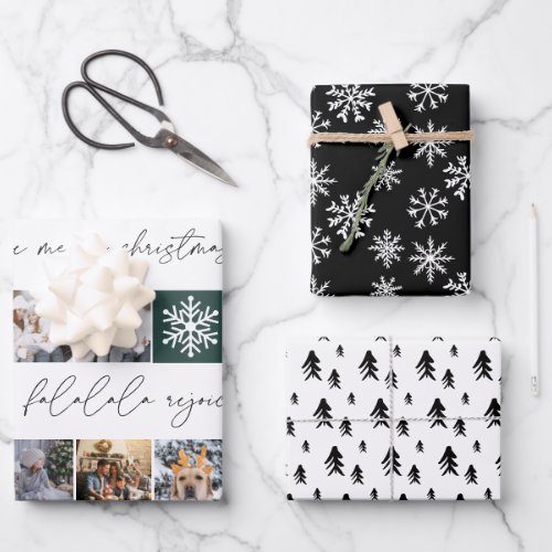 Christmas snow 8 photos grid pine black white wrapping paper sheets