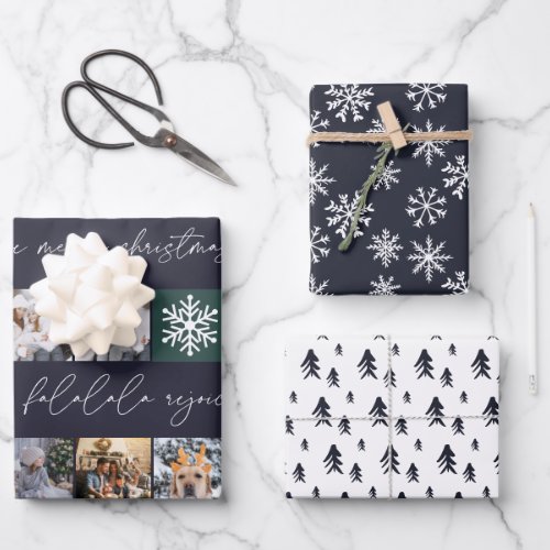 Christmas snow 8 photos grid pine blue wrapping paper sheets