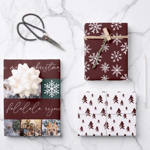 Christmas snow 8 photos grid pine dark red wrapping paper sheets