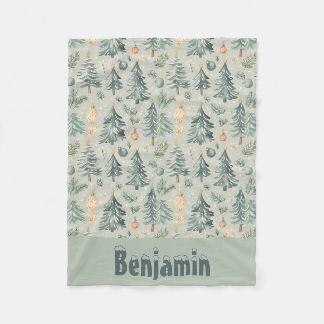 Christmas Snow and Trees moss green with name Fleece Blanket (Front)