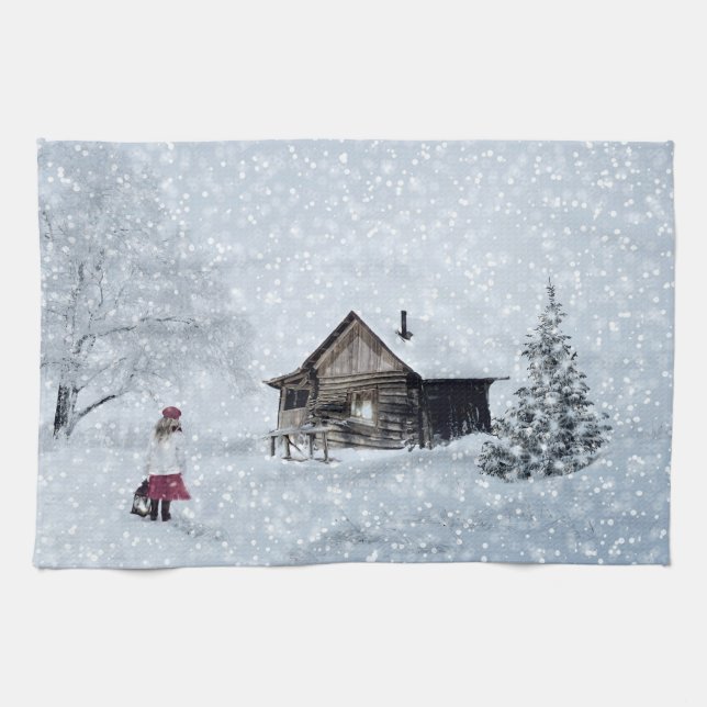 Christmas Snow at the Cabin Kitchen Towel (Horizontal)